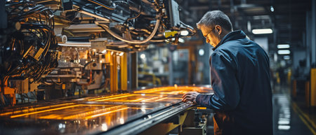 In a smart factory, a maintenance engineer uses a CNC machine to control an industrial robotic that is holding an automotive part.の素材