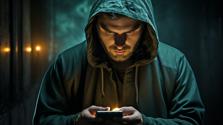 Data theft by a hooded hacker using a mobile phoneの素材