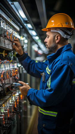 An electrician is checking the electricity metre and other devices.の素材