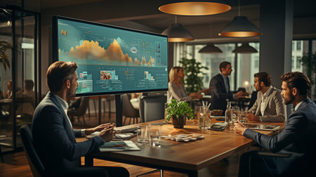 A businesswoman is facilitating a conference at her desk using data.の素材