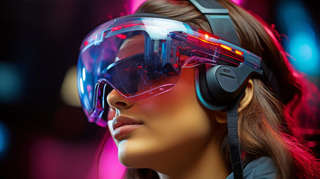 Up close, a young lady receiving red light treatment while wearing goggles.の素材