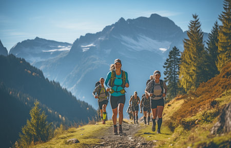A group of athletes runs on an inclineの素材