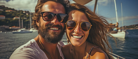 Friends taking selfies during a boat partyの素材