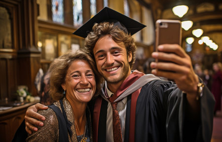 A joyful mother snapping a selfie with her son, a recent college graduateの素材