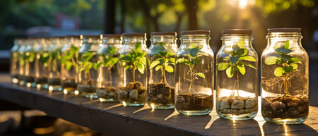 Gorgeous roots that reflect sunlight in transparent glass bottlesの素材