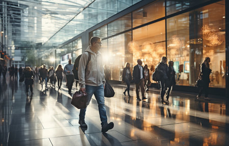 deliberate blurring of a person's picture in a shopping centreの素材