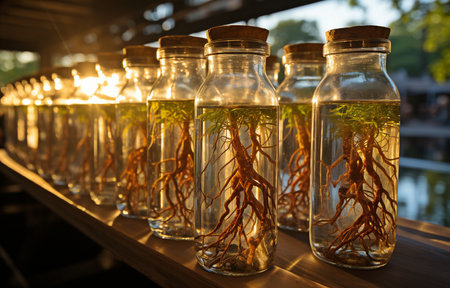 Gorgeous roots that reflect sunlight in transparent glass bottlesの素材