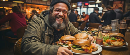 An image of a ravenous plus-sized man consuming a burger at a city cafeの素材