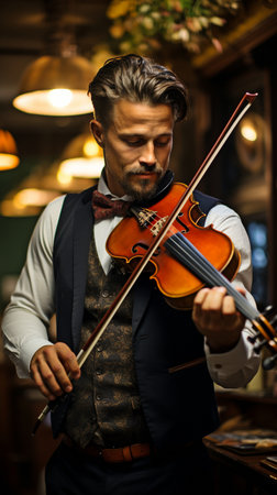 A musician performing in a pub or restaurant while wearing a jacketの素材