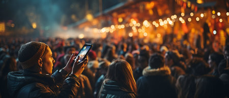 On their smartphones, onlookers close to the stage take pictures of their favourite performer.の素材