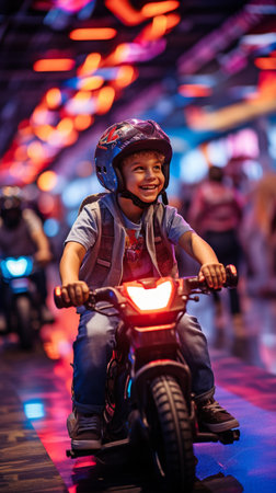 Young Children in the Neon Lights Arcade Having Fun with a Motorbike Riding Gameの素材