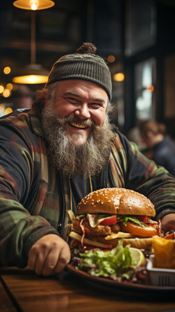 An image of a ravenous plus-sized man consuming a burger at a city cafeの素材