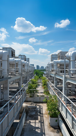 High-rise buildings have ventilation duct systems built on their roofs.の素材