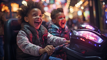 Young Children in the Neon Lights Arcade Having Fun with a Motorbike Riding Gameの素材