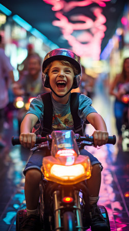 Young Children in the Neon Lights Arcade Having Fun with a Motorbike Riding Gameの素材