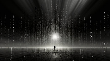 Binary code pattern formed by halftone letters creating rays. Sunlight-forming symbols in coding language. Artificial intelligence with a future backdrop in technologyの素材