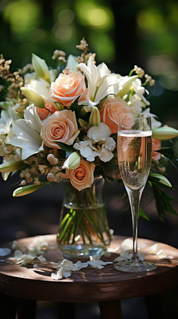 Champagne glass with a floral backdrop. bride's bridal bouquet. bridal bouquet with green branches and calla lilies.の素材