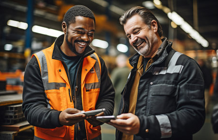 A mechanic at a garage conversing with a customerの素材