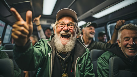 Senior football players in the locker room, enjoying their achievement with a cheerful vibe.の素材