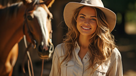 Photo for On a bright summer day, a woman and a horse are at a ranch. - Royalty Free Image