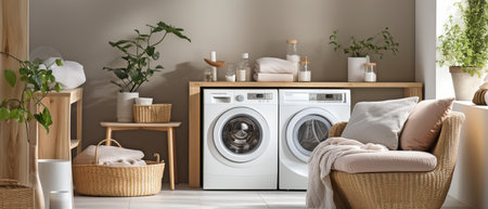 In the laundry area is the washing machine. minimalistic modern home decorの素材