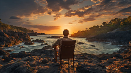 Man is by alone in a chair at dusk.の素材