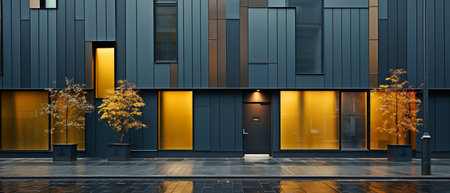 The exterior of a modern, minimalist skyscraper in black and goldの素材