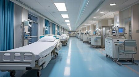 lengthy hallway in a hospital housing surgical bedsの素材