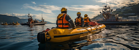 In the oil and gas business, crew boats transport passengers and goods from the platform to supply boats. Support the offshore oil and gas sector with a service staff and boatの素材