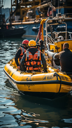 In the oil and gas business, crew boats transport passengers and goods from the platform to supply boats. Support the offshore oil and gas sector with a service staff and boatの素材