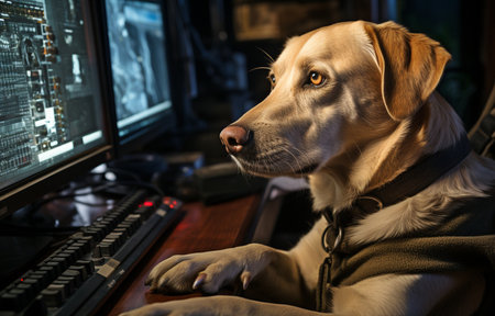 Labrador using a computer while gazing at graphicsの素材