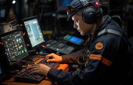 Operator monitoring production process, offshore oil and gas industry, offshore oil and rig in the sea, operator recording operation of oil and gas process at oil and rig plantの素材
