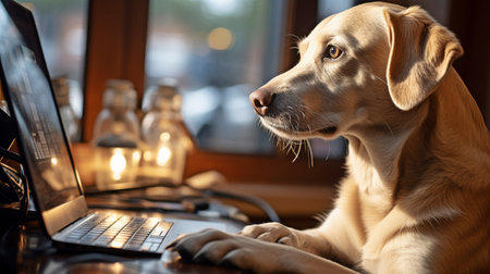 Labrador using a computer while gazing at graphicsの素材