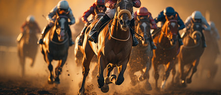 Jockeys and race horses on the home straightの素材