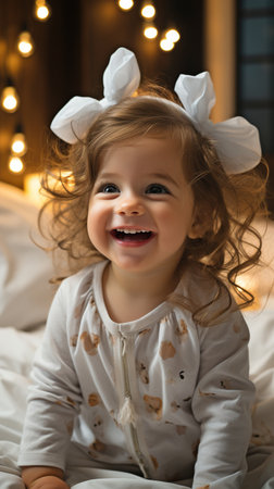 Beautiful infant girl standing on her head on the bed at home, grinning and having a fantastic time; a concept of a contented and carefree childhoodの素材