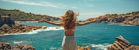A woman on the rocky beach with her arms wide, taking in the fresh air and the wind.の素材