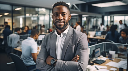 A modern-suited African American businessman. standing in a busy, bright office setting with your arms crossed, looking successful and confident.の素材