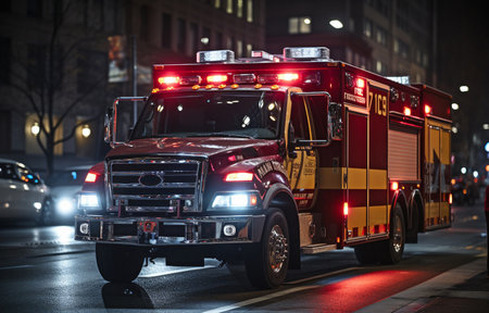 During the night, an emergency ambulance on the signal travels through city streets.の素材