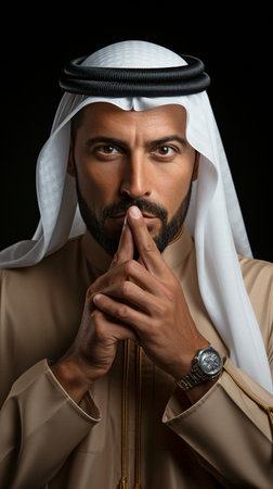 An arabic individual displays a silent, mute gesture by placing their finger over their lips. at order to maintain secrecy, a private individual signs a secretive confidentiality form at the studio.の素材