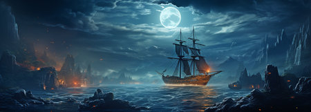 Ghostly, eerie pirate ships on stylized waves of the midnight blue oceanの素材