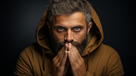 An arabic individual displays a silent, mute gesture by placing their finger over their lips. at order to maintain secrecy, a private individual signs a secretive confidentiality form at the studio.の素材