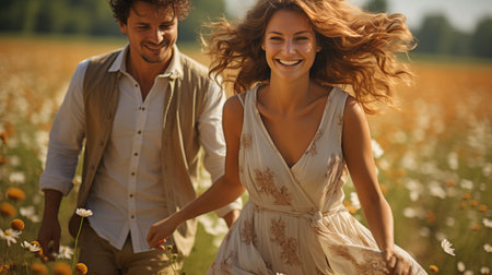 Running on the pitch is a loving pair holding hands.の素材