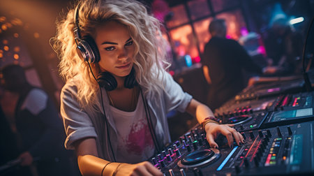 DJ turntables and audio gadgets are used by a female musician to mix sounds during a club party and make modern remixes on a stereo. Playing with the disco apparatusの素材