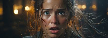 A terrified woman with a terrified and fearful expression on her face. dramatic instance. The woman is terrified.の素材
