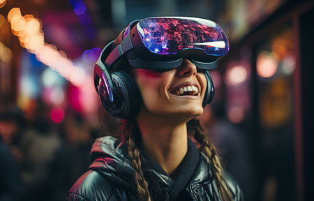A lovely girl engages in interactive conversation with pals using a virtual reality headset. Use virtual reality glasses to watch entertainment. Present-day future technologiesの素材