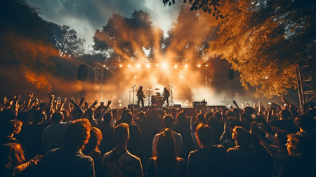 Band, outdoor music festival, stage, celebration, or energy for freedom while on vacation. Individuals, backstage during a concert or rave, music and sound for an enjoyable audience, and musicians performing on instrumentsの素材