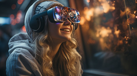 A lovely girl engages in interactive conversation with pals using a virtual reality headset. Use virtual reality glasses to watch entertainment. Present-day future technologiesの素材