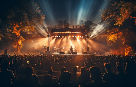 Band, outdoor music festival, stage, celebration, or energy for freedom while on vacation. Individuals, backstage during a concert or rave, music and sound for an enjoyable audience, and musicians performing on instrumentsの素材