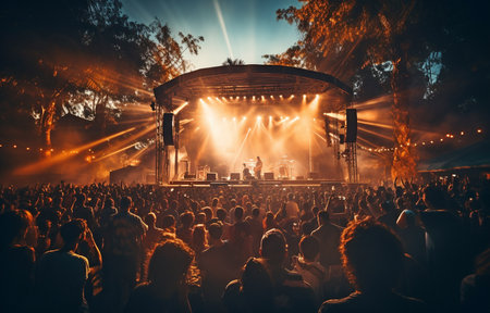 Band, outdoor music festival, stage, celebration, or energy for freedom while on vacation. Individuals, backstage during a concert or rave, music and sound for an enjoyable audience, and musicians performing on instrumentsの素材