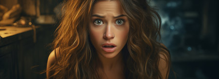 A terrified woman with a terrified and fearful expression on her face. dramatic instance. The woman is terrified.の素材